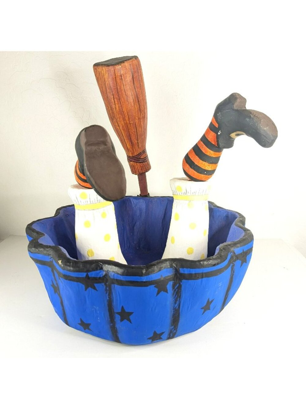 Vintage Department 56 Glitterville Halloween Witch Legs Papier Mache Candy Bowl